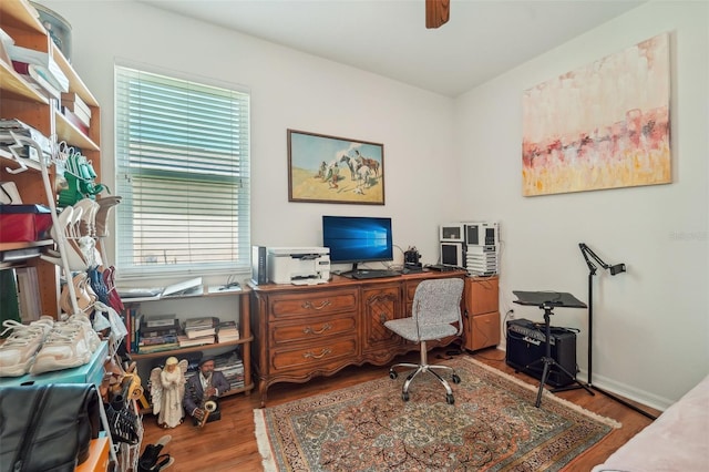 office area with a wealth of natural light, wood-type flooring, and ceiling fan