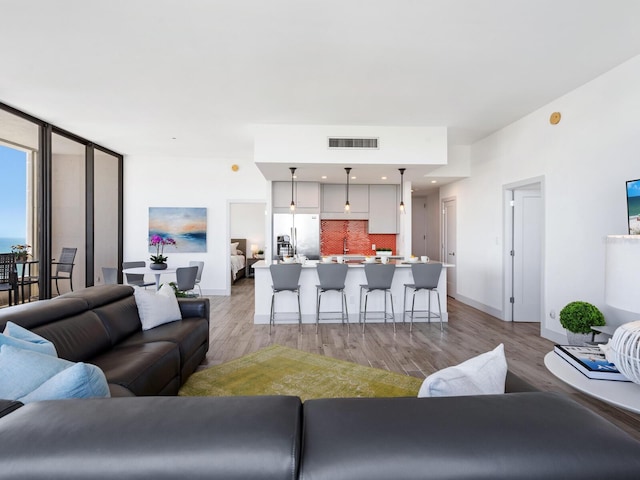 living room featuring light hardwood / wood-style flooring and a wall of windows