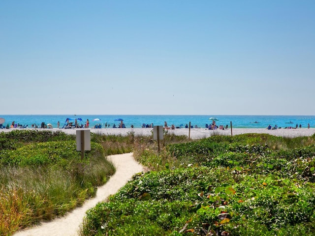 view of water feature with a beach view