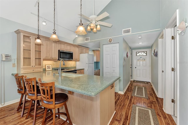 kitchen with ceiling fan, kitchen peninsula, hardwood / wood-style floors, stainless steel appliances, and backsplash