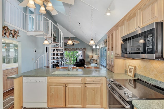 kitchen featuring appliances with stainless steel finishes, wood-type flooring, ceiling fan, and light brown cabinets