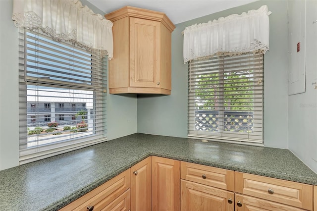 kitchen featuring a wealth of natural light and light brown cabinetry