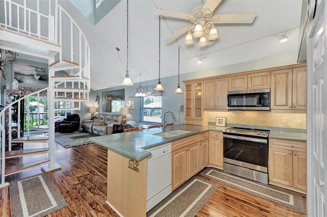 kitchen with a towering ceiling, backsplash, ceiling fan, wood-type flooring, and appliances with stainless steel finishes