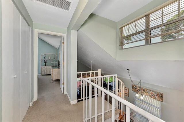 hallway with carpet floors and lofted ceiling