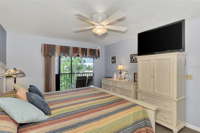 carpeted bedroom featuring ceiling fan and access to exterior