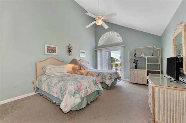 carpeted bedroom with high vaulted ceiling, ceiling fan, and access to outside