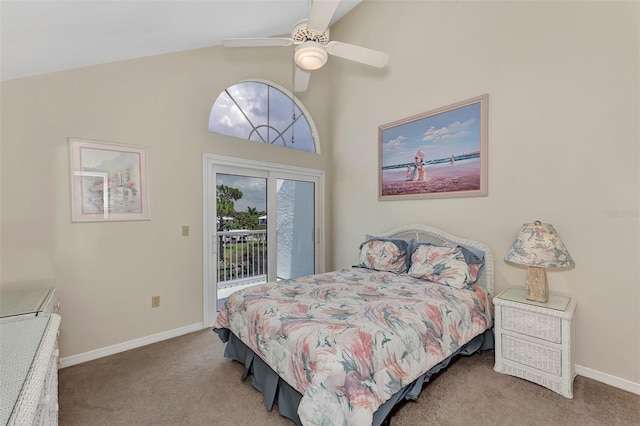 carpeted bedroom with high vaulted ceiling, ceiling fan, and access to outside