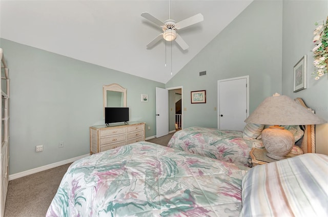 carpeted bedroom featuring high vaulted ceiling and ceiling fan