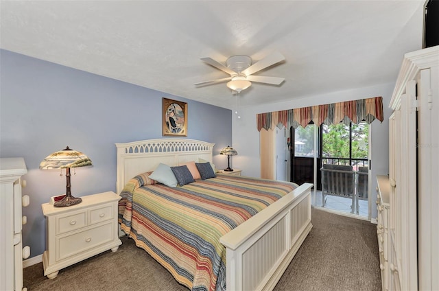 bedroom with dark carpet, ceiling fan, and access to exterior