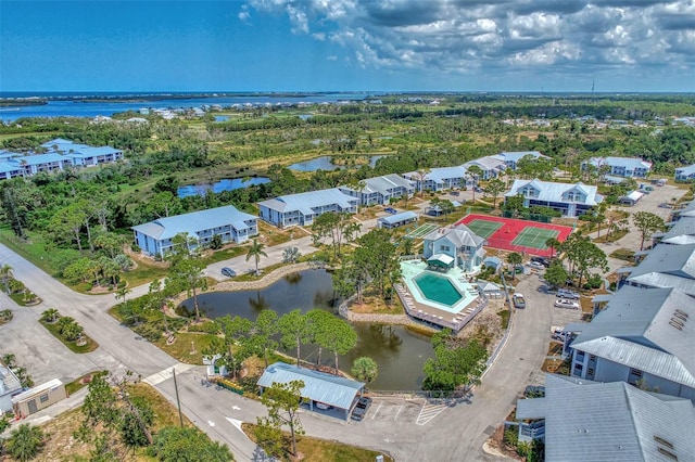 aerial view featuring a water view