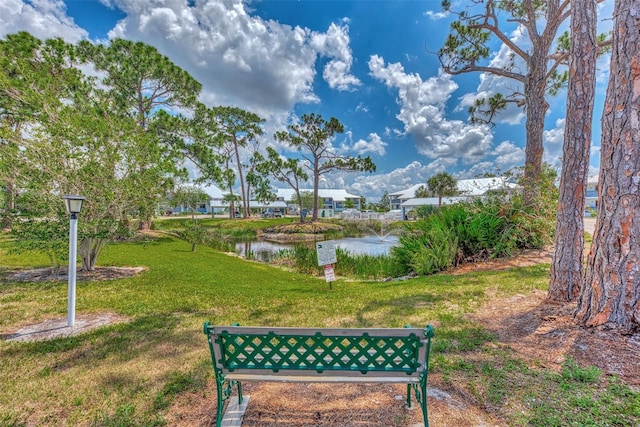 surrounding community featuring a water view and a yard