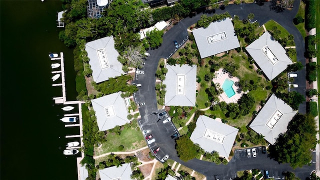 aerial view featuring a water view