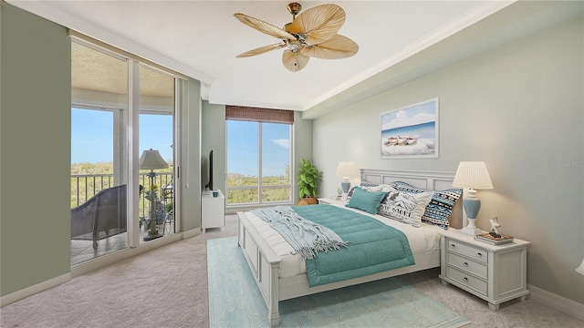 carpeted bedroom featuring ceiling fan, crown molding, and access to exterior