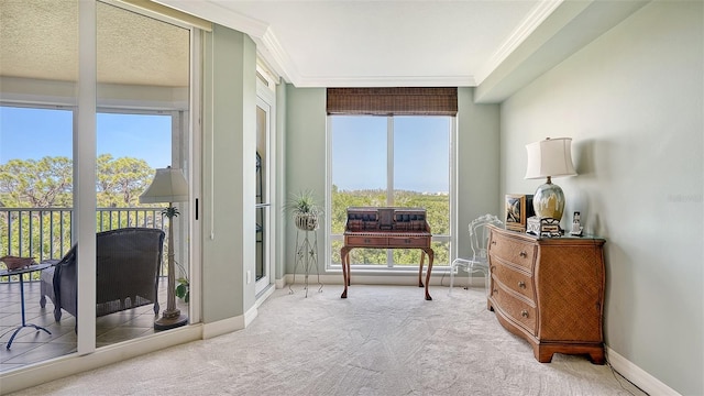 living area featuring light colored carpet and crown molding