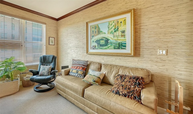 living room with carpet flooring and ornamental molding