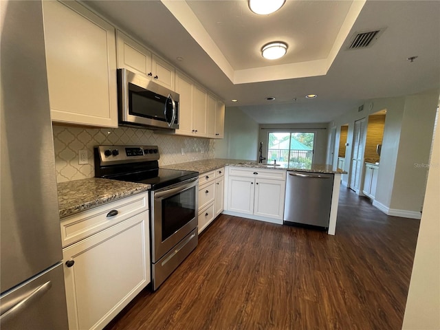 kitchen with dark hardwood / wood-style floors, kitchen peninsula, white cabinetry, appliances with stainless steel finishes, and sink