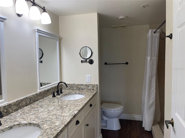 bathroom featuring double vanity, toilet, and wood-type flooring