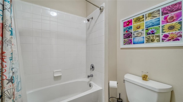 bathroom with toilet and shower / bathtub combination with curtain