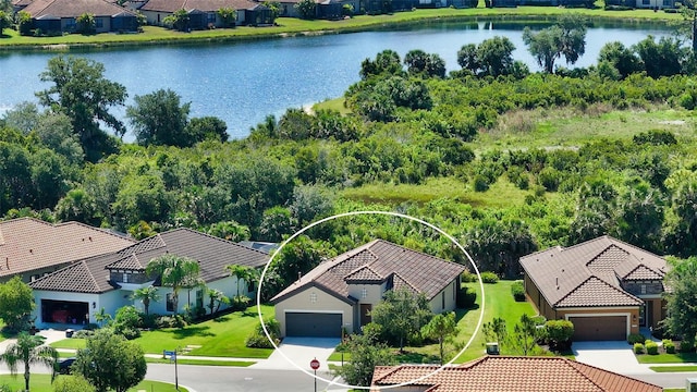 aerial view featuring a water view