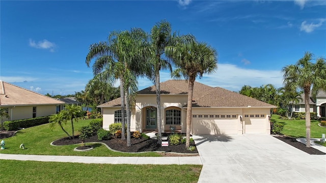 view of front of house with a garage, a front yard, driveway, and stucco siding