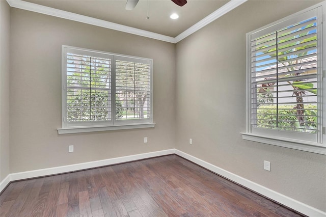 spare room with a wealth of natural light, dark hardwood / wood-style flooring, and ceiling fan