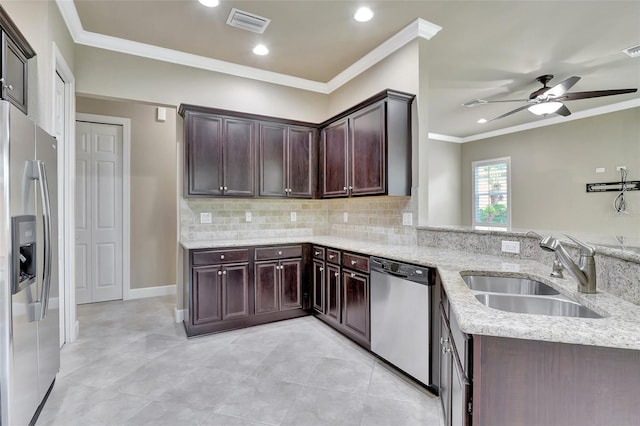 kitchen featuring crown molding, stainless steel appliances, sink, light tile flooring, and ceiling fan