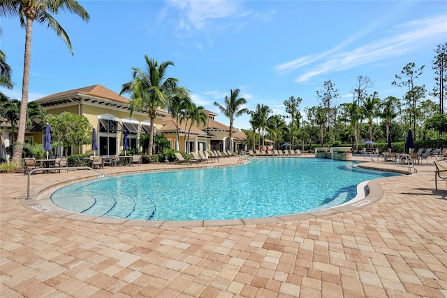 view of swimming pool with a patio area