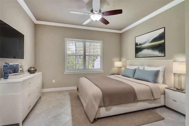 tiled bedroom featuring ceiling fan and crown molding