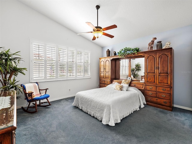 carpeted bedroom featuring ceiling fan and vaulted ceiling