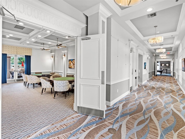 corridor with carpet, beam ceiling, crown molding, and coffered ceiling