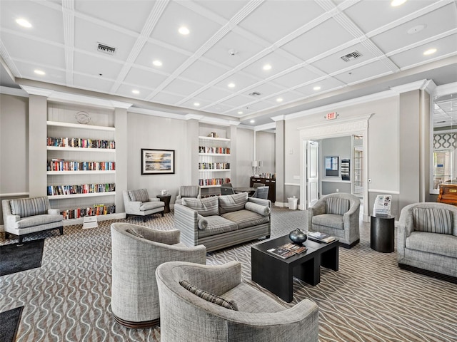 living room with built in shelves, carpet floors, and coffered ceiling