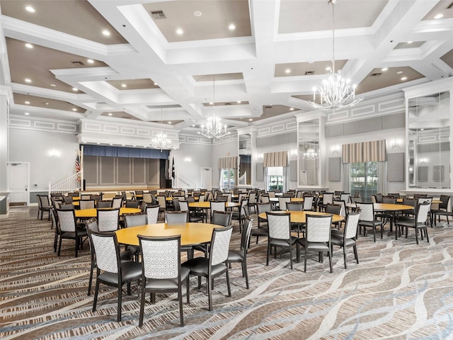 carpeted dining area with beamed ceiling, ornamental molding, an inviting chandelier, and coffered ceiling