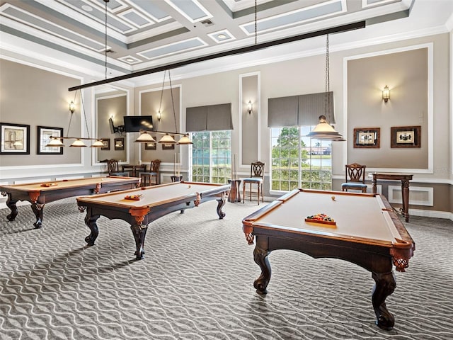 rec room with carpet, coffered ceiling, crown molding, a towering ceiling, and pool table