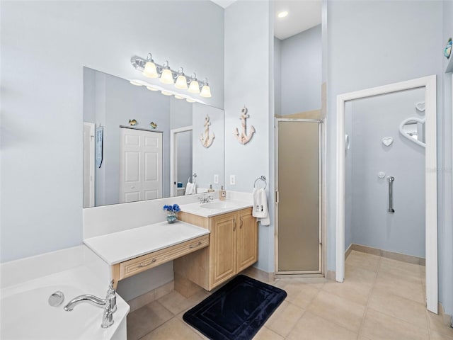 bathroom with vanity, separate shower and tub, and tile patterned floors