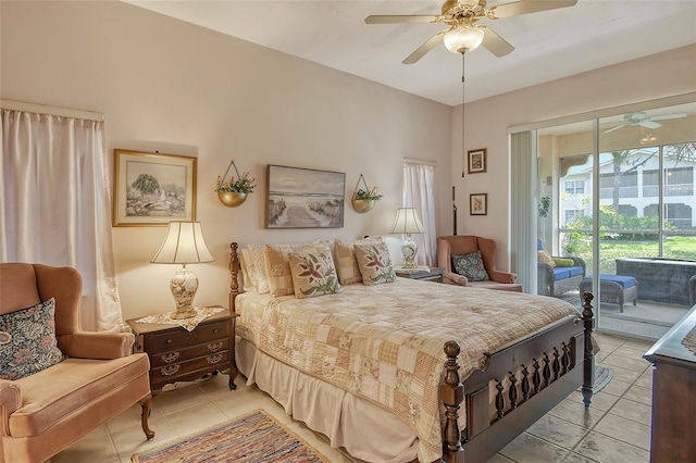 tiled bedroom with ceiling fan and access to outside