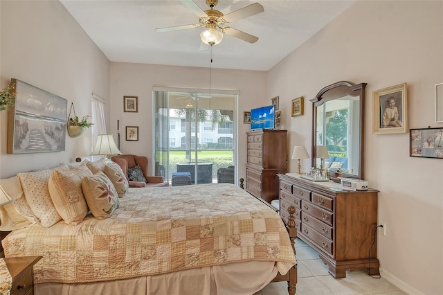 tiled bedroom featuring ceiling fan and access to outside