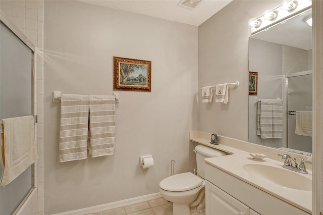 full bathroom with combined bath / shower with glass door, toilet, tile patterned floors, and vanity