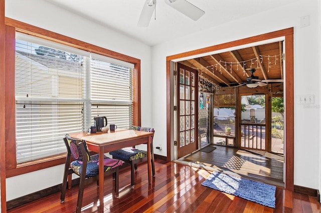 office space with ceiling fan, hardwood / wood-style flooring, and a wealth of natural light