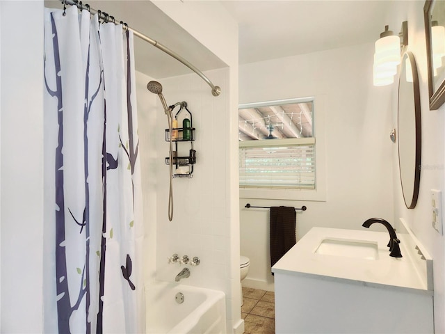 full bathroom with vanity, toilet, shower / bath combination with curtain, and tile patterned floors