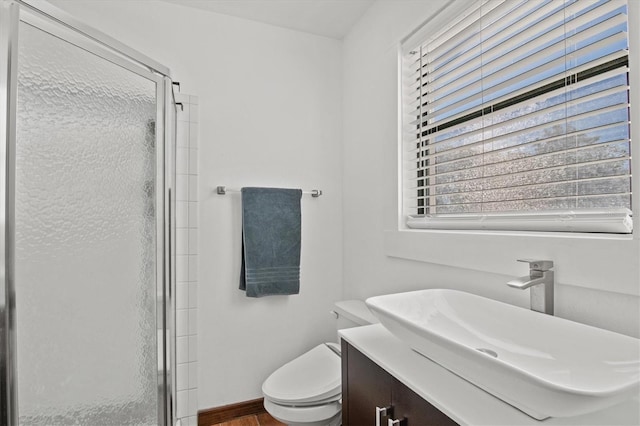 bathroom with vanity, toilet, and walk in shower