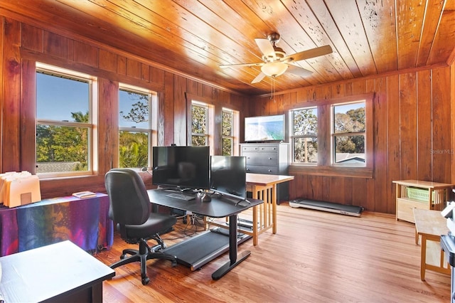 home office with light wood-type flooring, ceiling fan, and wooden ceiling