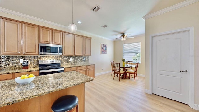 kitchen with light stone countertops, light wood-type flooring, appliances with stainless steel finishes, decorative light fixtures, and ceiling fan