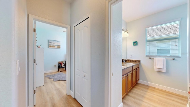 bathroom with vanity and wood-type flooring