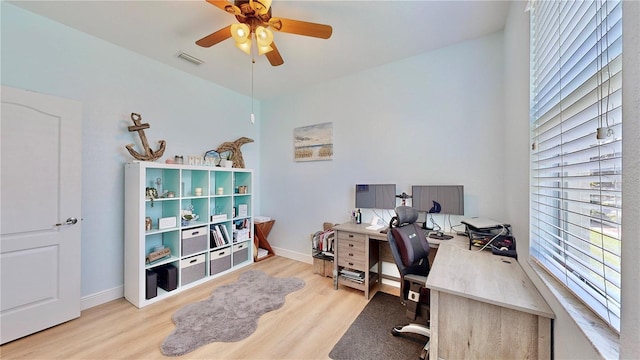 home office with ceiling fan and light hardwood / wood-style floors