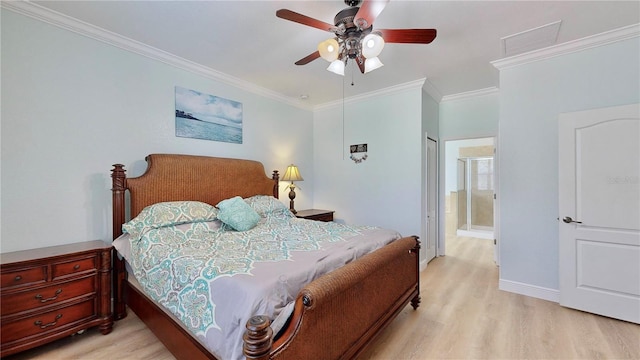 bedroom with ensuite bathroom, ornamental molding, ceiling fan, and light wood-type flooring