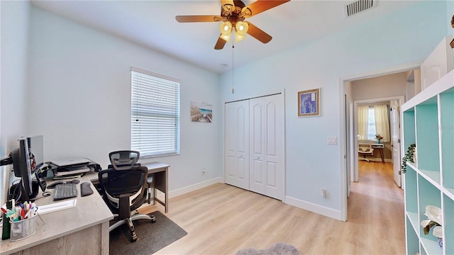 office area featuring ceiling fan and light hardwood / wood-style floors