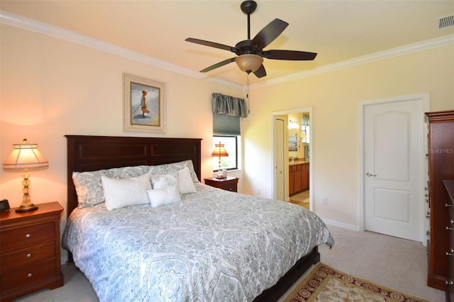 bedroom featuring visible vents, ornamental molding, light carpet, ceiling fan, and baseboards