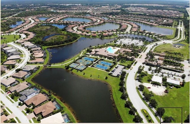 drone / aerial view featuring a water view