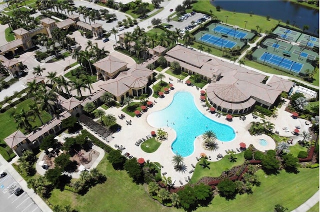 aerial view featuring a water view