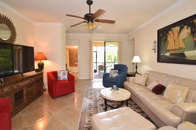 living room featuring tile patterned flooring, ceiling fan, and crown molding